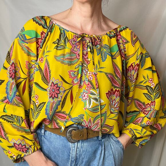 Johnny Was 100% silk Anka floral paisley print peasant top blouse shirt yellow S - Picture 14 of 17